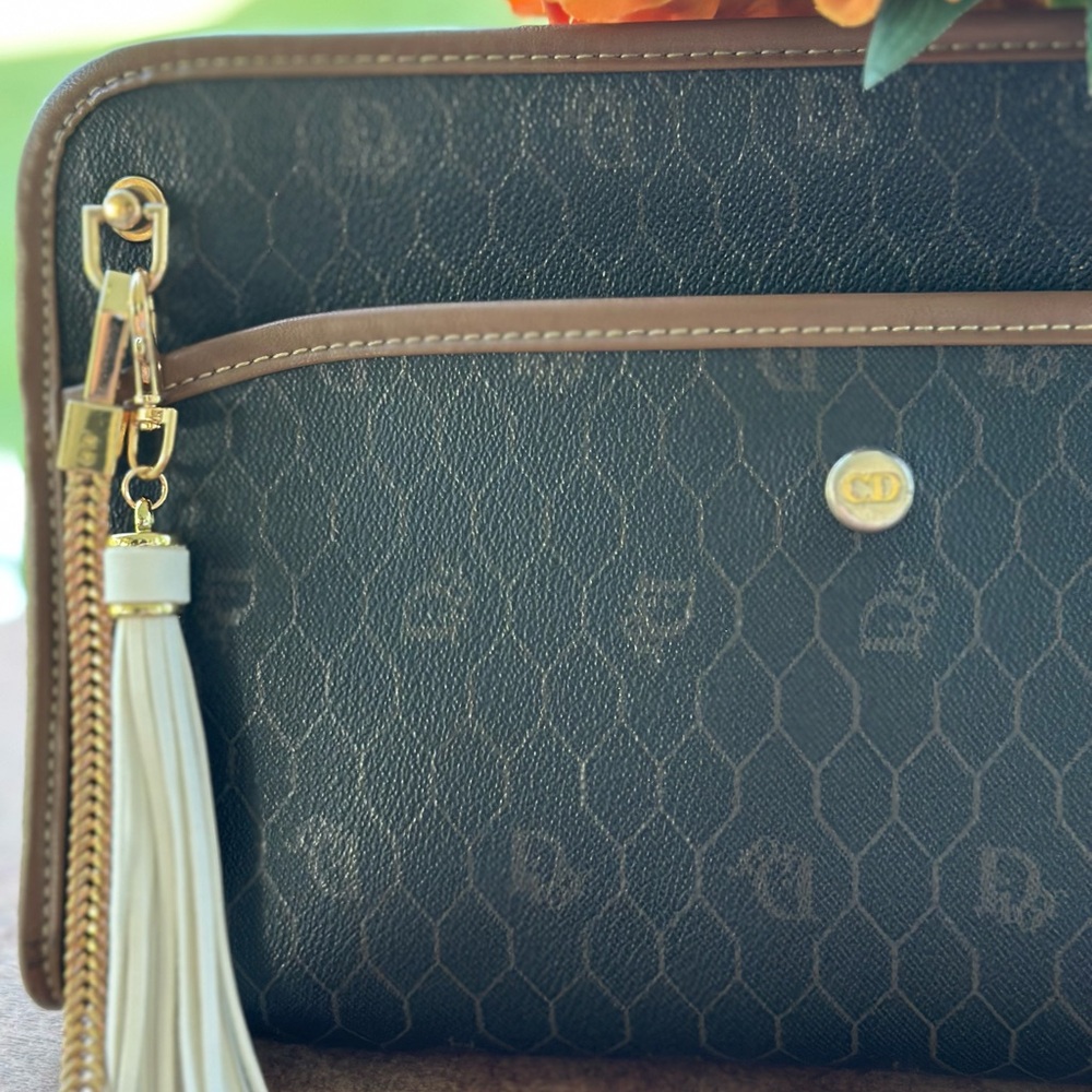 Christian Dior Honeycomb Logo Clutch Bag Purse Tote Brown Leather - Picture 5 of 10